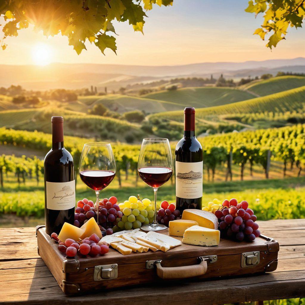 A scenic vineyard landscape with rolling hills, gracefully arranged grapevines, and a couple laughing while sipping wine. In the foreground, a rustic wooden picnic table set with wine glasses, a cheese platter, and travel essentials like a map and suitcase. The sun is setting, casting a warm golden glow over the scene, evoking a sense of joyfulness and adventure. super-realistic. vibrant colors. serene background.