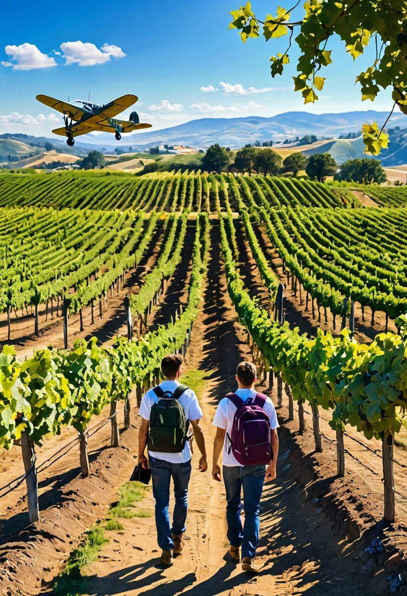 A picturesque vineyard landscape with rolling hills and rows of lush grapevines under a bright blue sky. In the foreground, a traveler with a backpack is joyfully discovering the vineyard, while a vintage airplane flies gracefully overhead, symbolizing affordable flights. The scene is bathed in warm sunlight, with vibrant green and purple hues enhancing the enchanting atmosphere. super-realistic. vibrant colors. scenic.