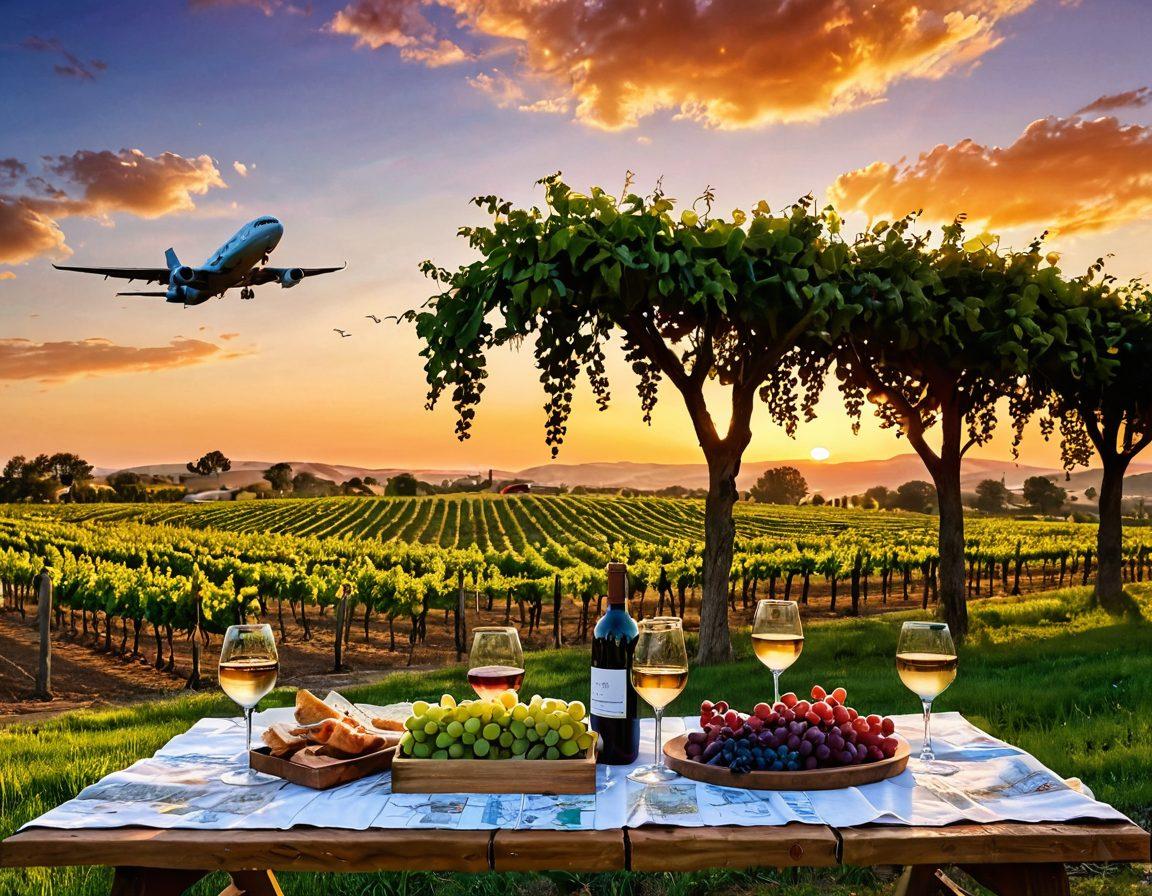 A luxurious vineyard at sunset, with rows of grapevines leading to a quaint rustic winery. In the foreground, a stylish picnic setup with wine glasses and a map featuring budget flight deals, symbolizing friendly travel planning. Cheerful travelers enjoying a glass of wine, while an airplane silhouette flies across the colorful sky. Captivating and inviting atmosphere. vibrant colors. super-realistic.